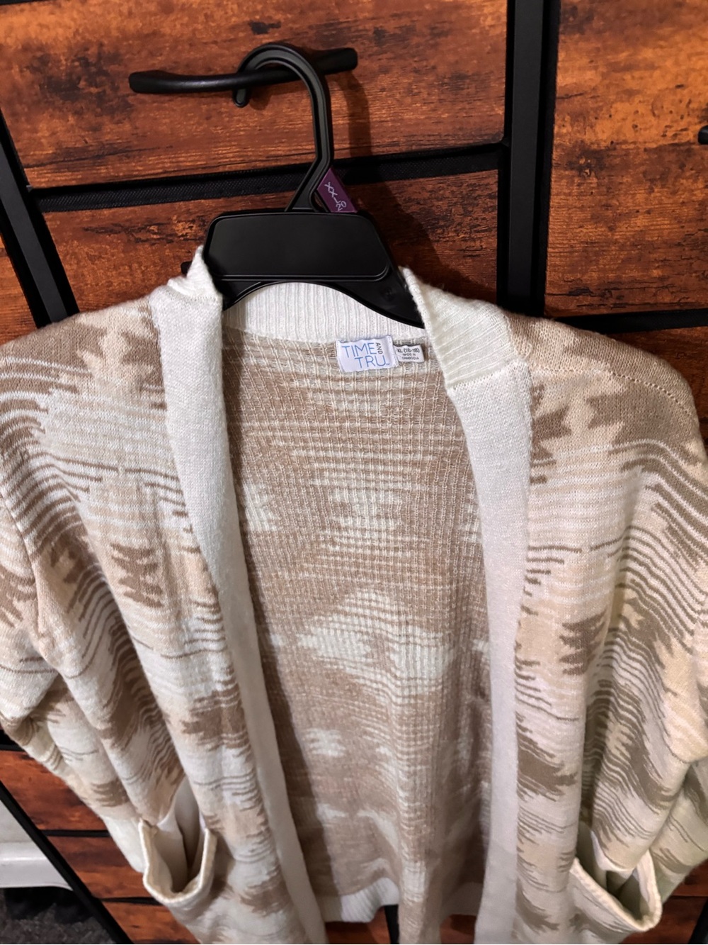 Time and Tru Cream & Tan Patterned Open-Front Cardigan